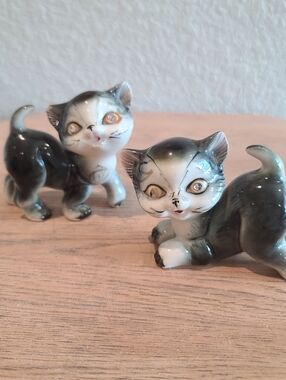 Vintage Ceramic Grey Kittens Cats Figurines with Rhinestone Eyes MCM Japan 1960s